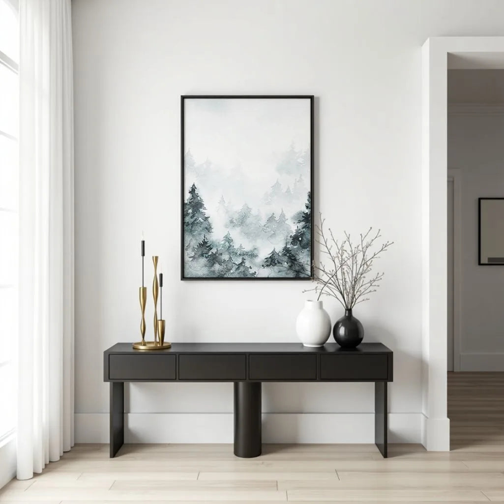 Poster „Nebeliger Aquarellwald“