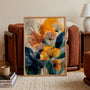 Mustard yellow and teal abstract floral poster with elegant botanical design for stylish bedroom decor