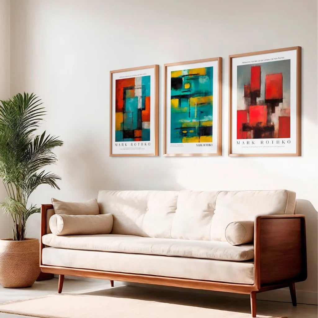 modern abstract color block poster set of 3 red turquoise yellow wall decor for contemporary interior