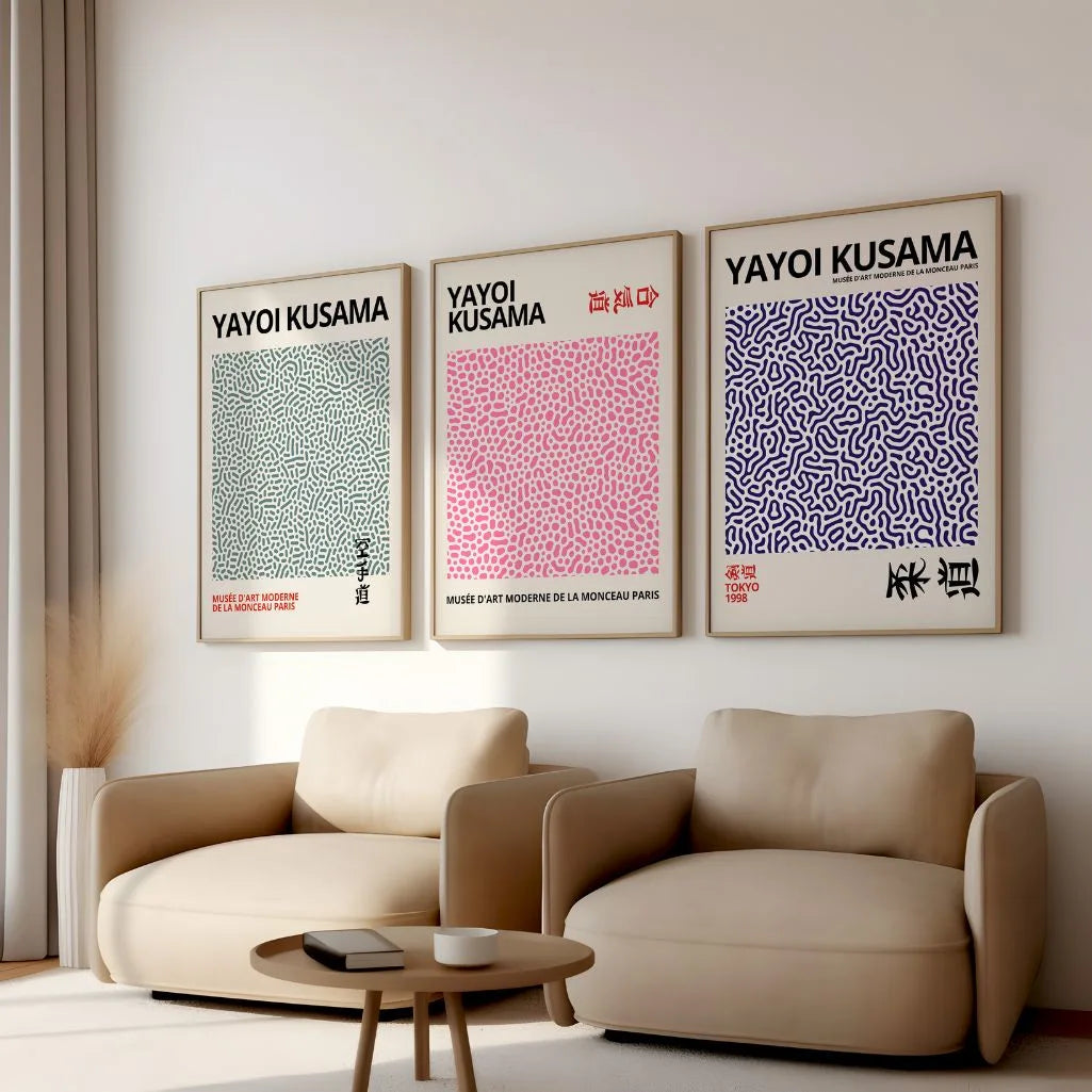 Gallery wall with abstract dot pattern poster set, modern graphic wall art