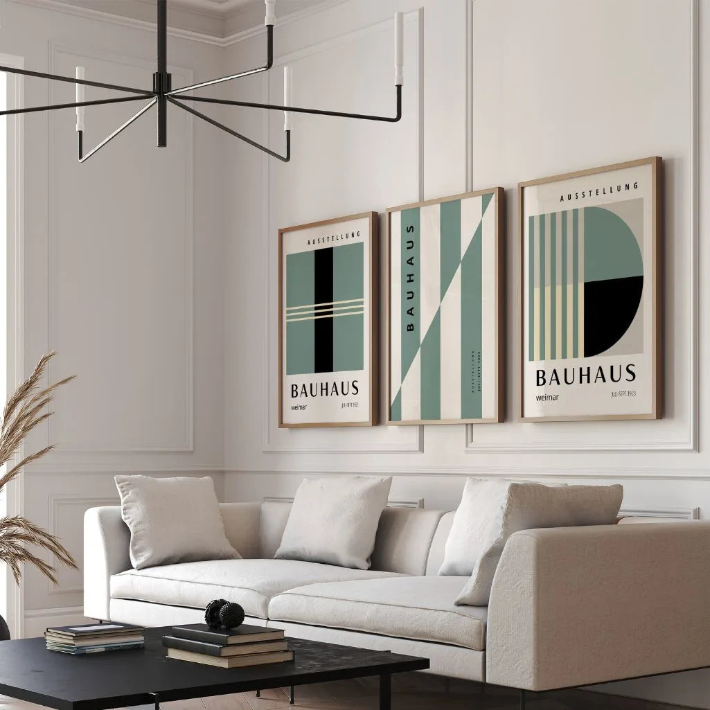 green and sage bauhaus wall art set in modern minimalist living room