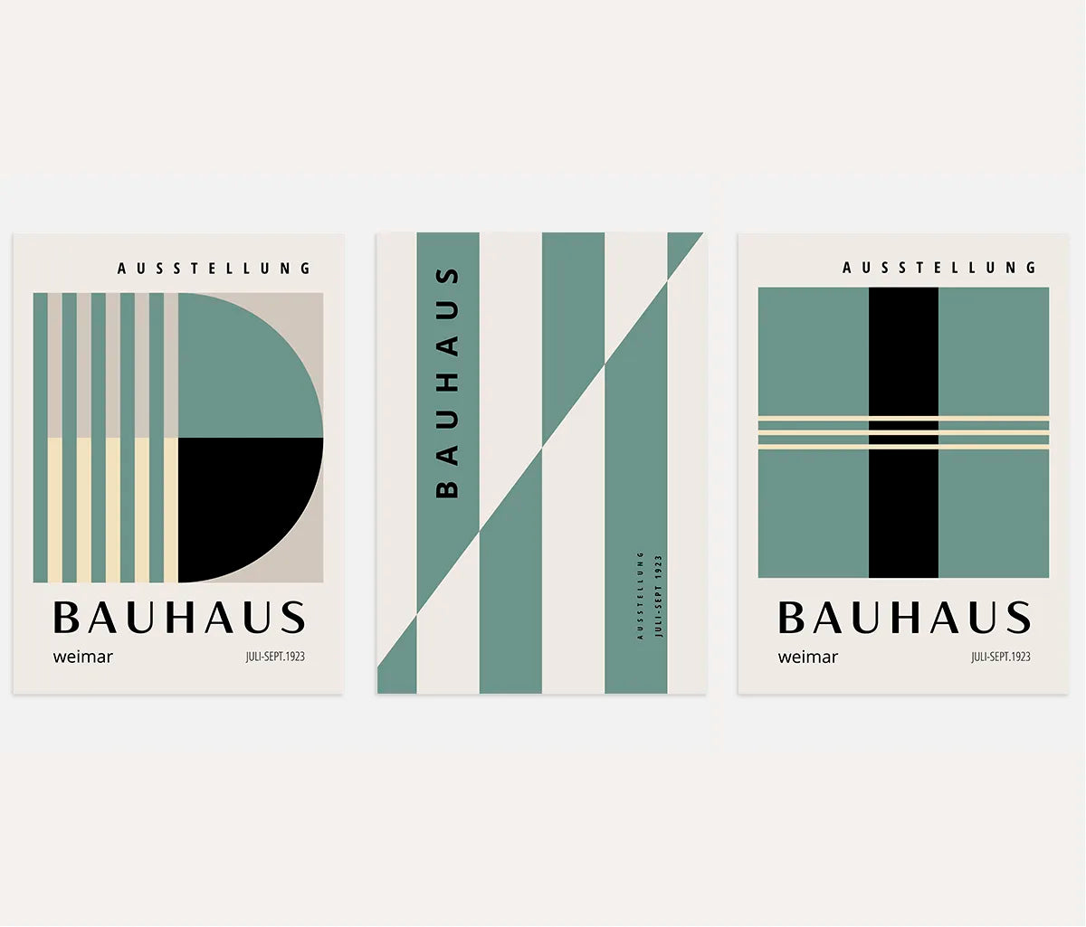 bauhaus poster set of 3 with green and sage geometric lines vertical bands and blocks