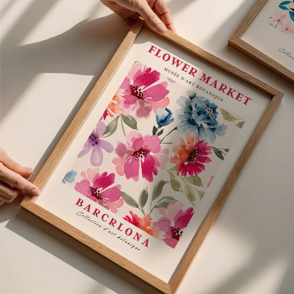 Close up of watercolor flower poster showing vibrant colors and brush texture