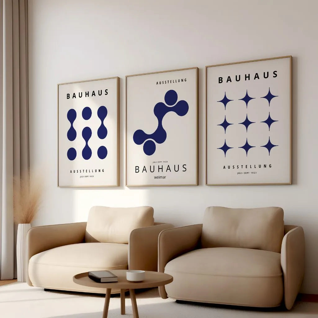 navy bauhaus poster set arranged as modern gallery wall