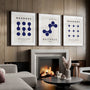 navy geometric bauhaus poster set with dot motifs in modern office
