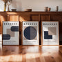 navy and beige bauhaus wall art set with stripe pattern in modern living room