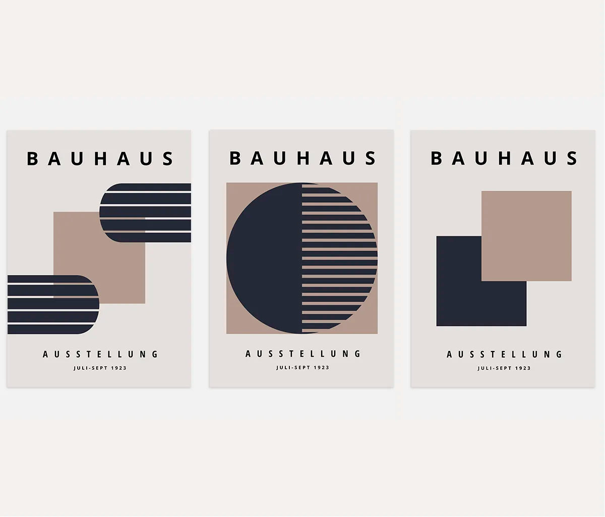 bauhaus poster set of 3 with navy and beige stripes and geometric forms