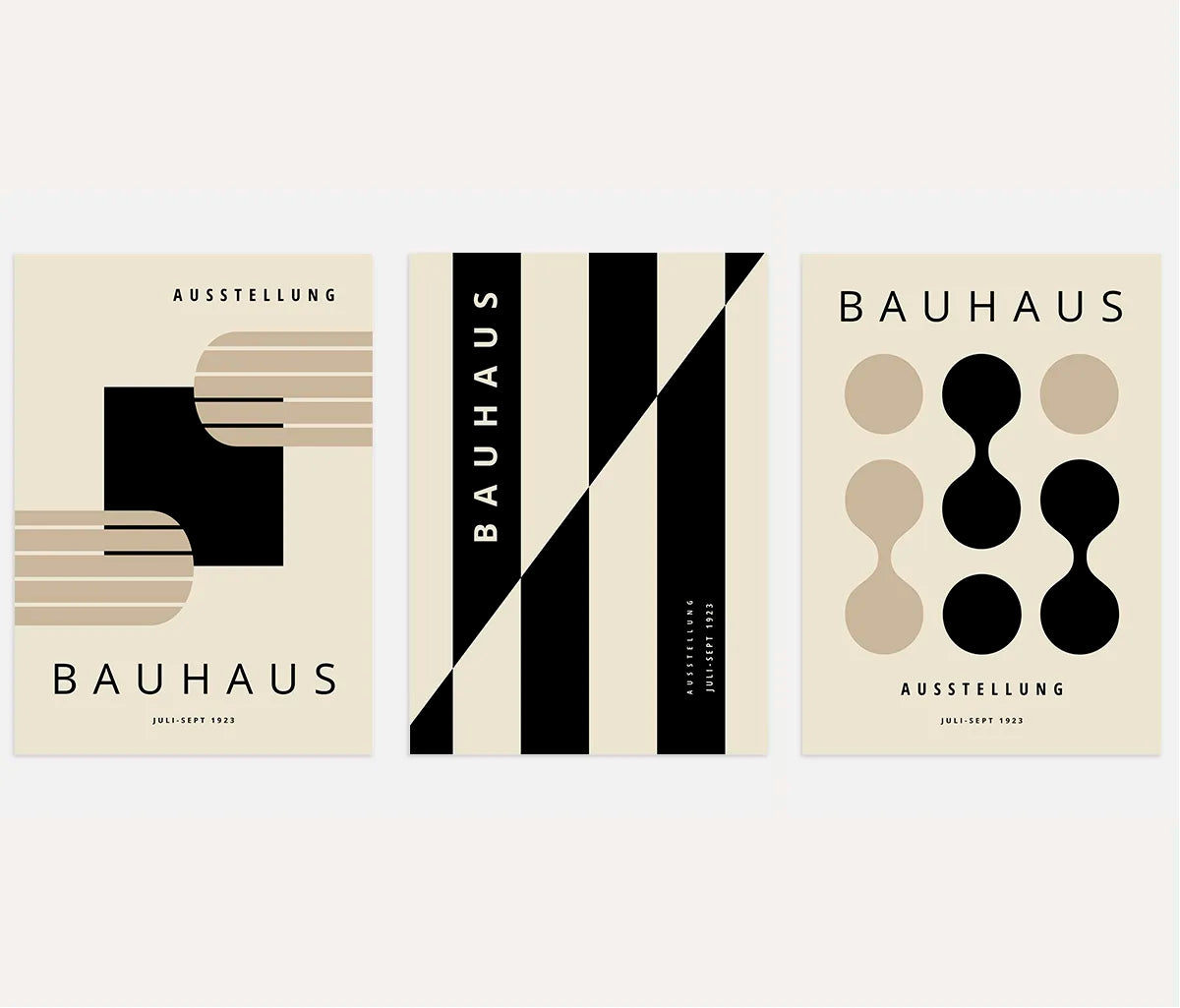 bauhaus poster set of 3 with black and beige geometric shapes and rhythmic divisions