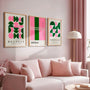 pink and deep green geometric bauhaus poster set in creative studio interior