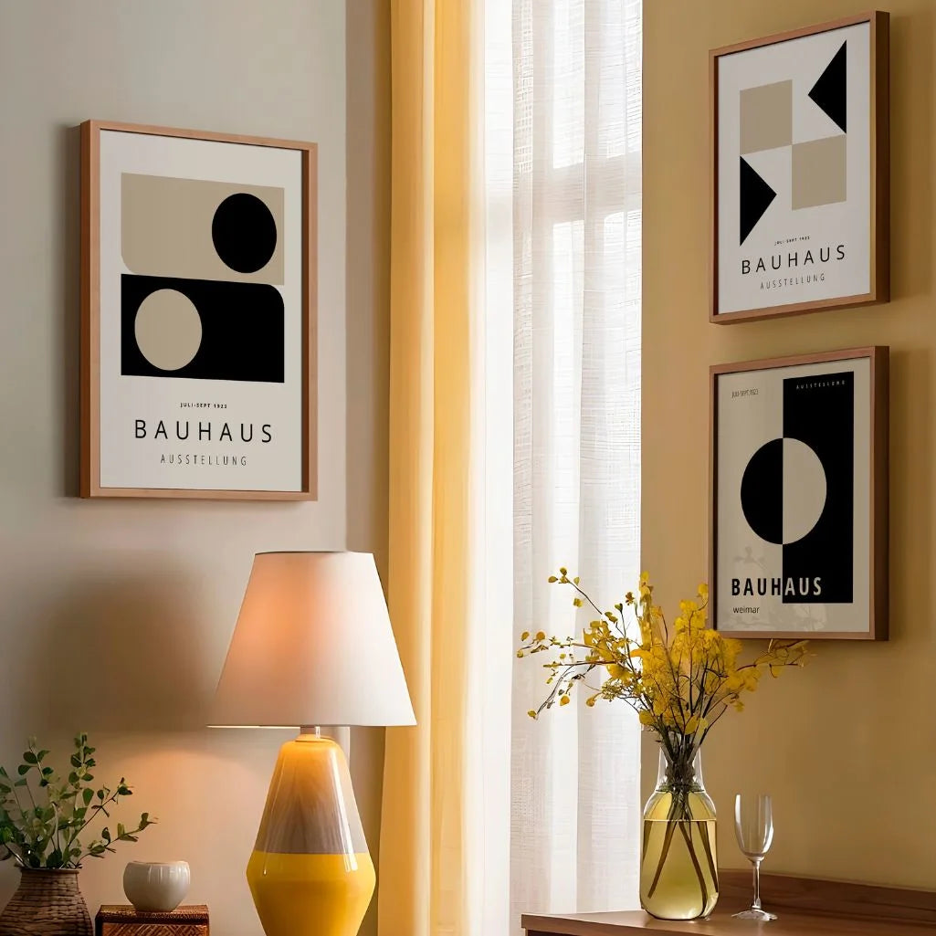 bauhaus weimar geometric poster set deep black warm beige office gallery wall