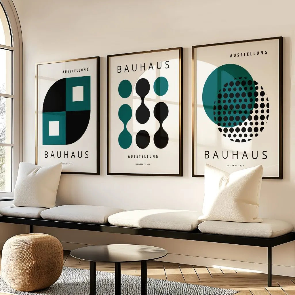 light green and black geometric bauhaus poster set in contemporary office workspace