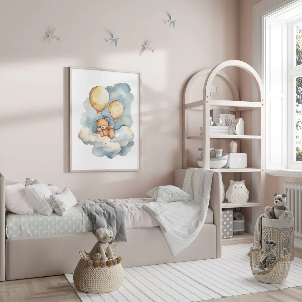 bear on cloud golden balloons poster kids bedroom wall art