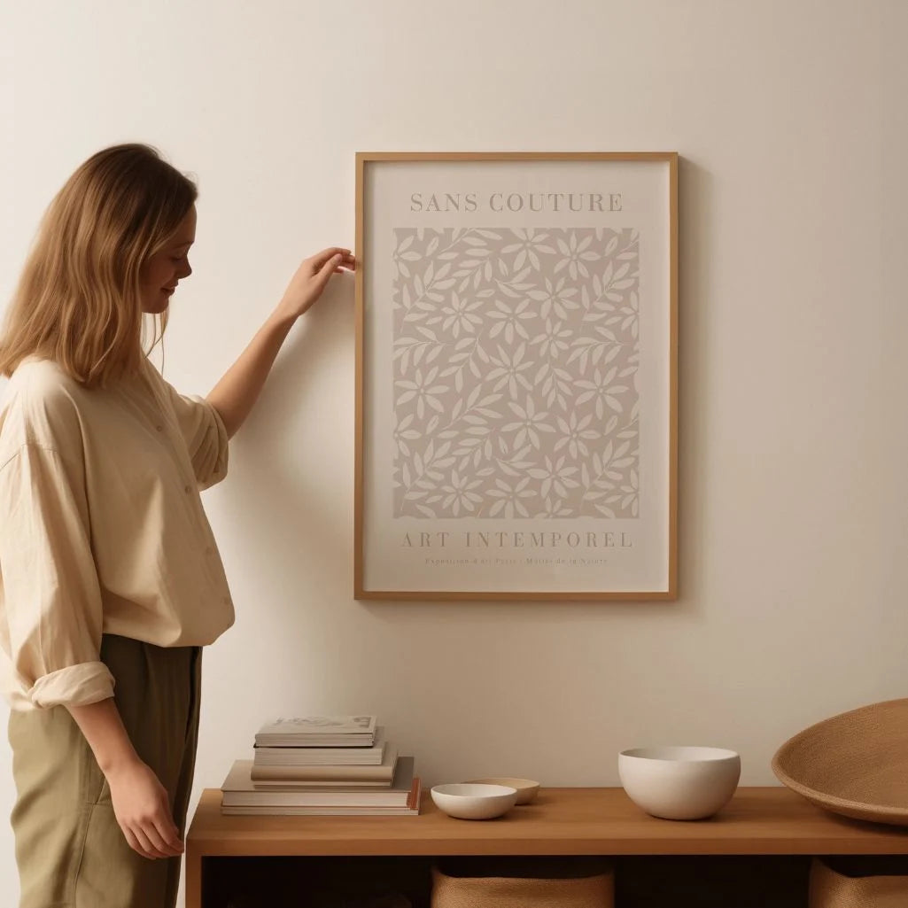 Beige botanical floral poster displayed in gallery wall with modern neutral interior
