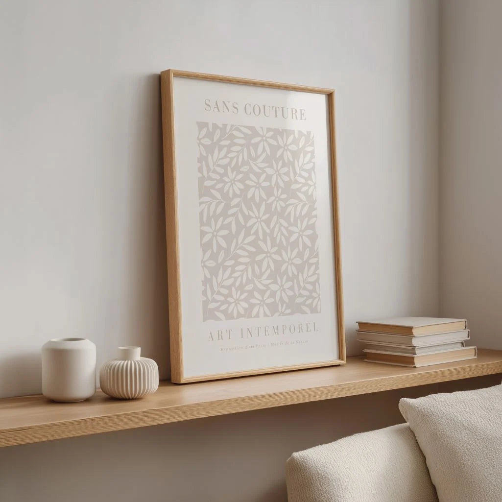 Close up of beige botanical poster showing delicate flowers and leaves pattern