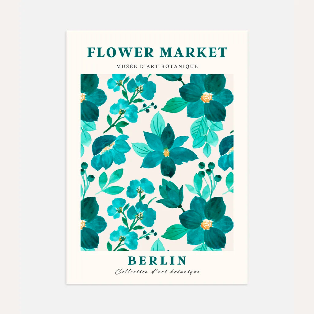Berlin teal flowers poster with vibrant turquoise and green watercolor blooms