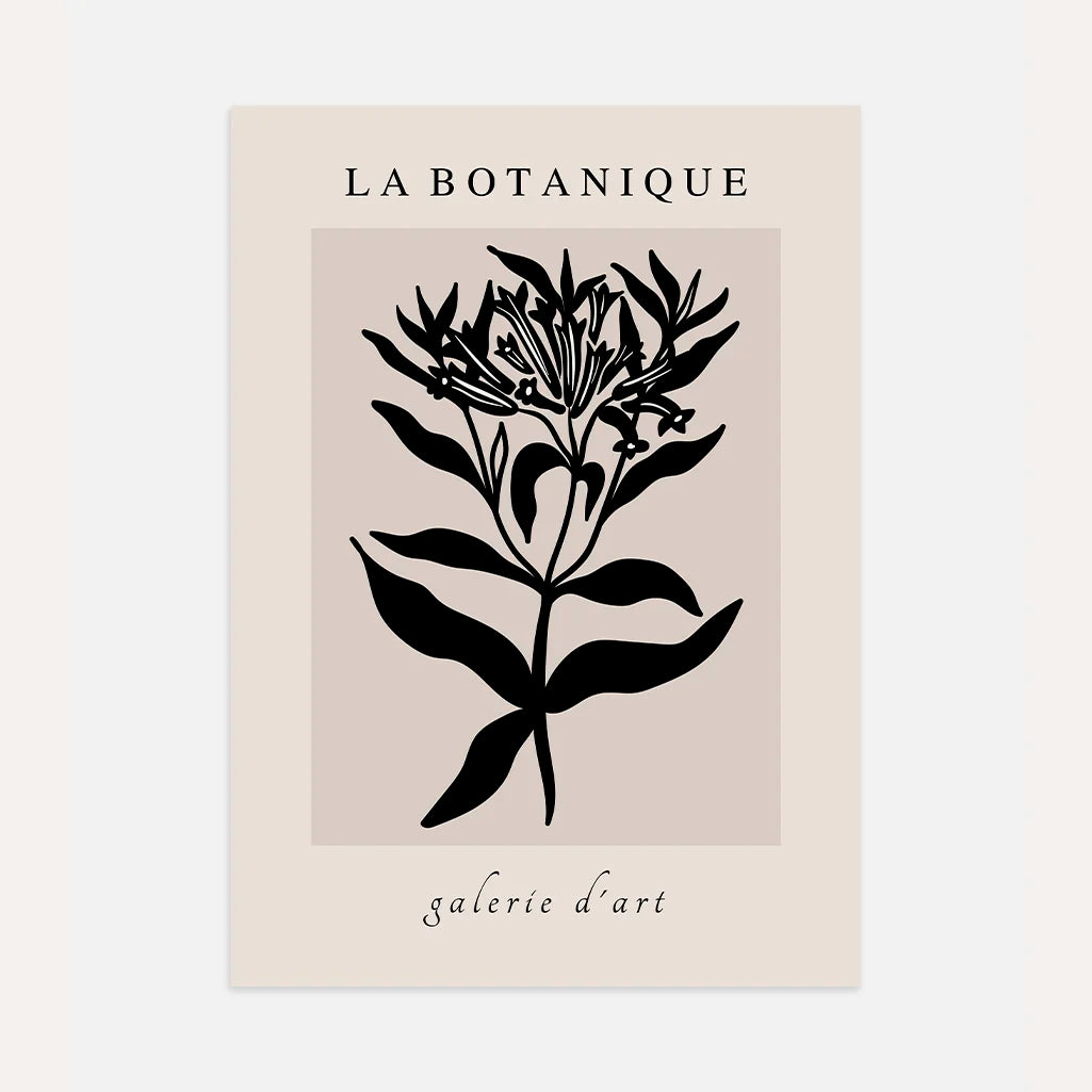 Black botanical flowers poster on beige background with bold minimalist floral design
