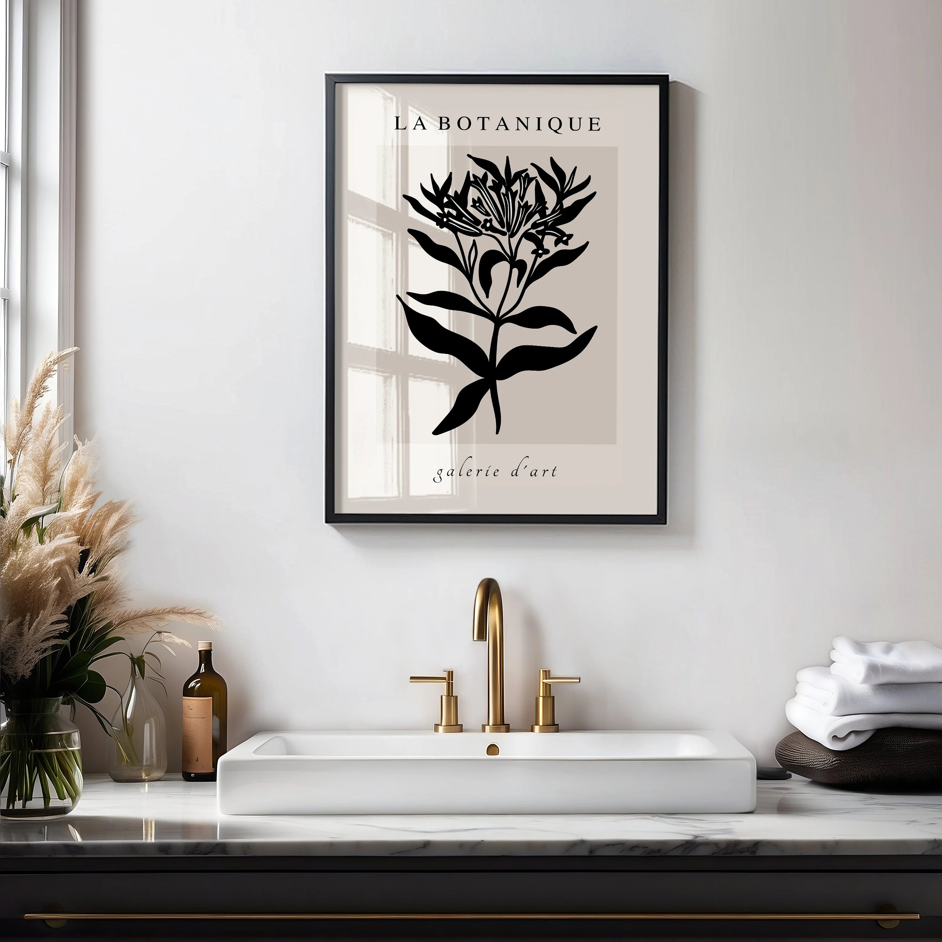 Black floral poster styled in modern living room with beige neutral decor