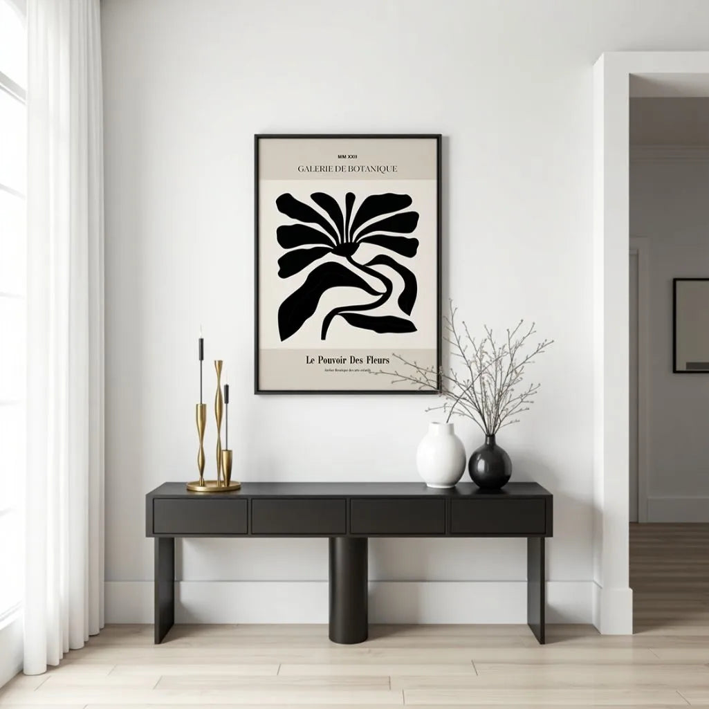 Abstract black flowers poster displayed in gallery wall with monochrome art