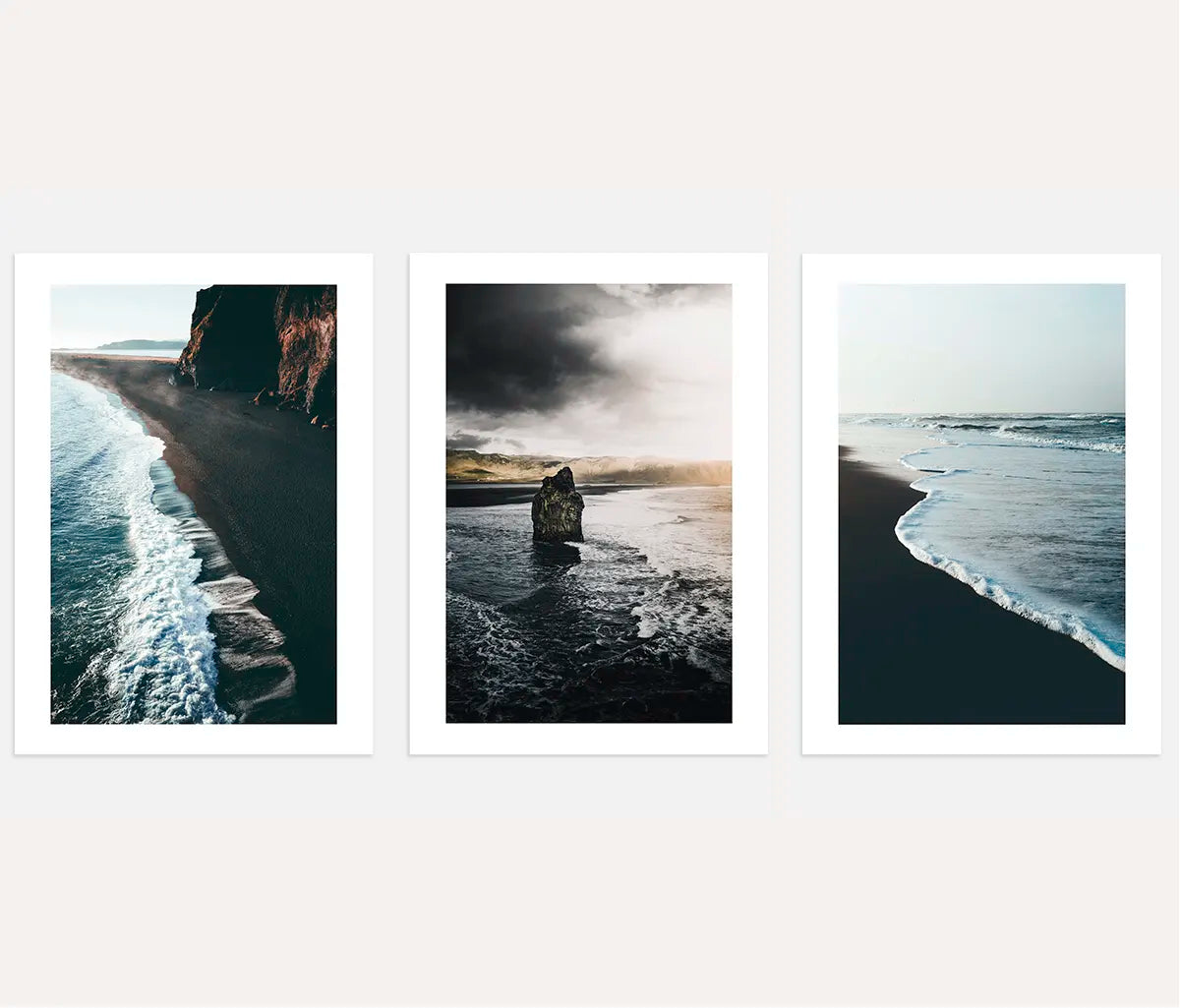 Black sand beach poster set of 3 ocean photography dark coast wall art