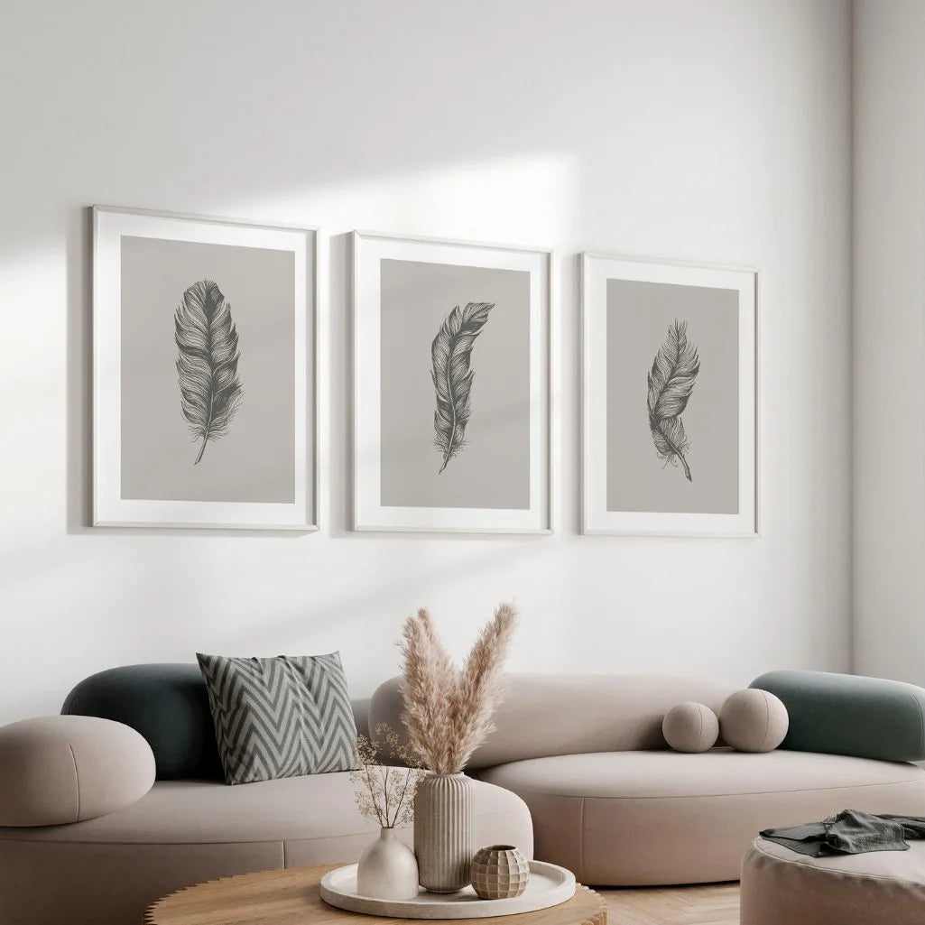 botanical feather sketch poster set of 3 black on beige minimalist wall decor