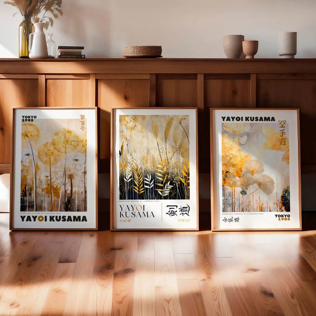 Gallery wall with gold plant poster set of 3, modern botanical beige black wall art