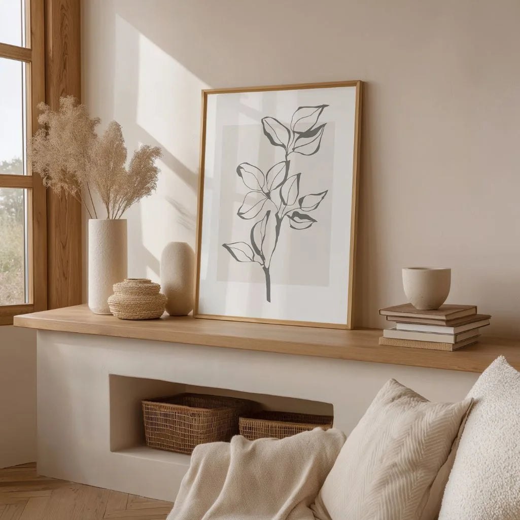 Linear branch line art poster styled in minimalist bedroom with neutral decor