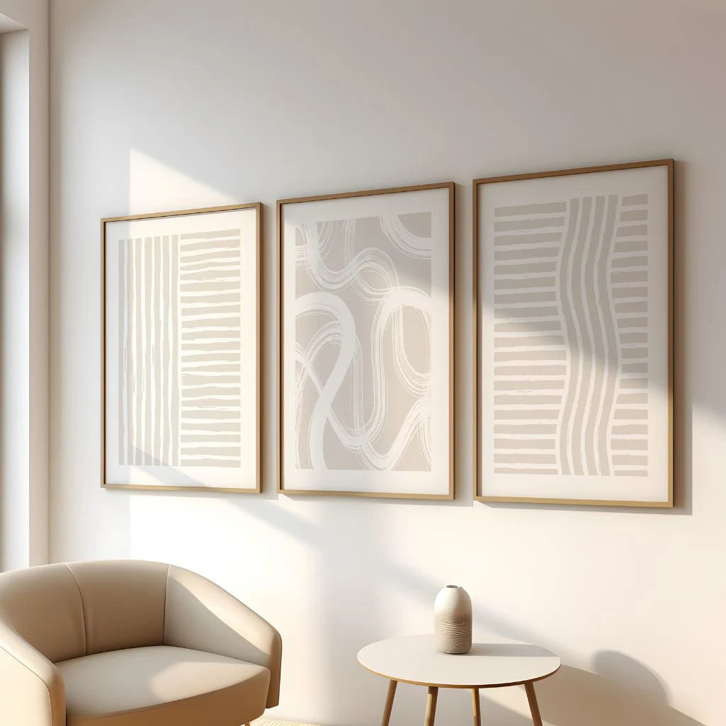 calm abstract lines poster set of 3 beige spa style wall art