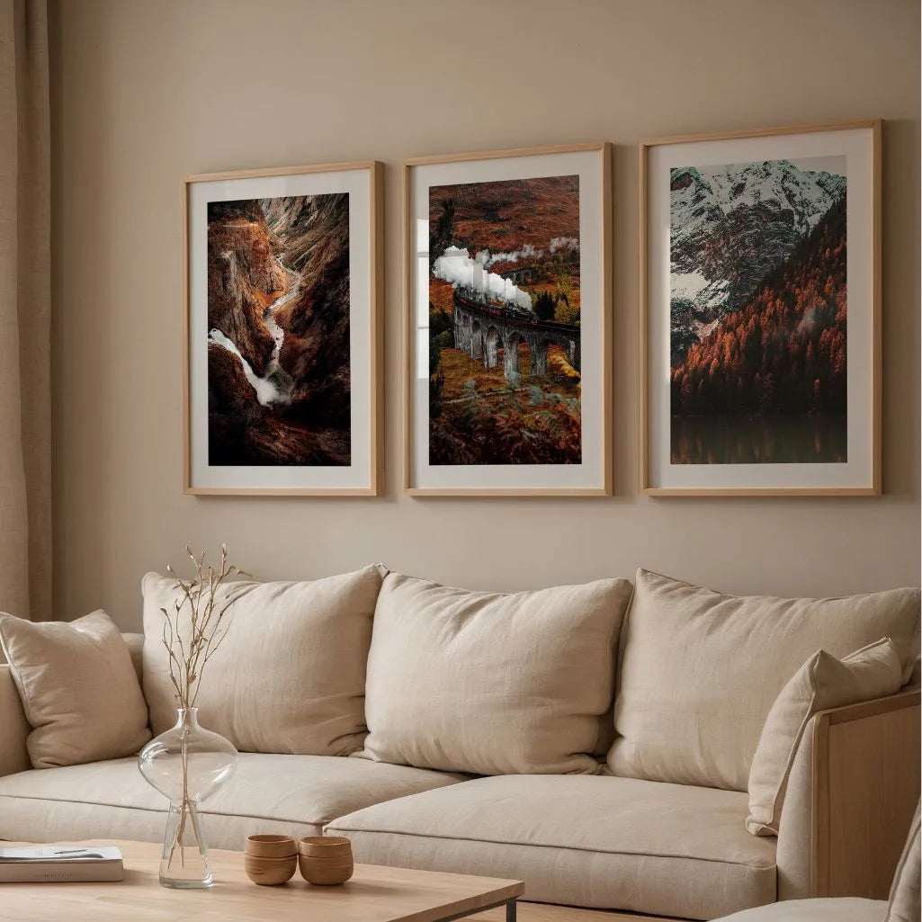 Cinematic nature wall art set of 3 mountains train canyon scenes