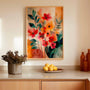 Coral pink floral poster with orange flowers and botanical design for elegant bedroom decor