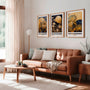 Dark floral gold moon poster set in modern living room wall decor