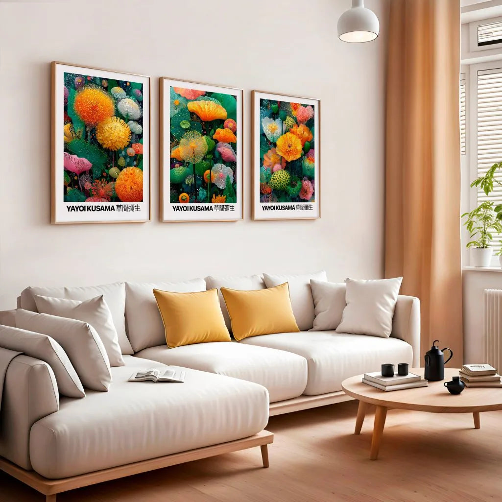 Dark forest poster set with yellow flowers in modern living room wall decor