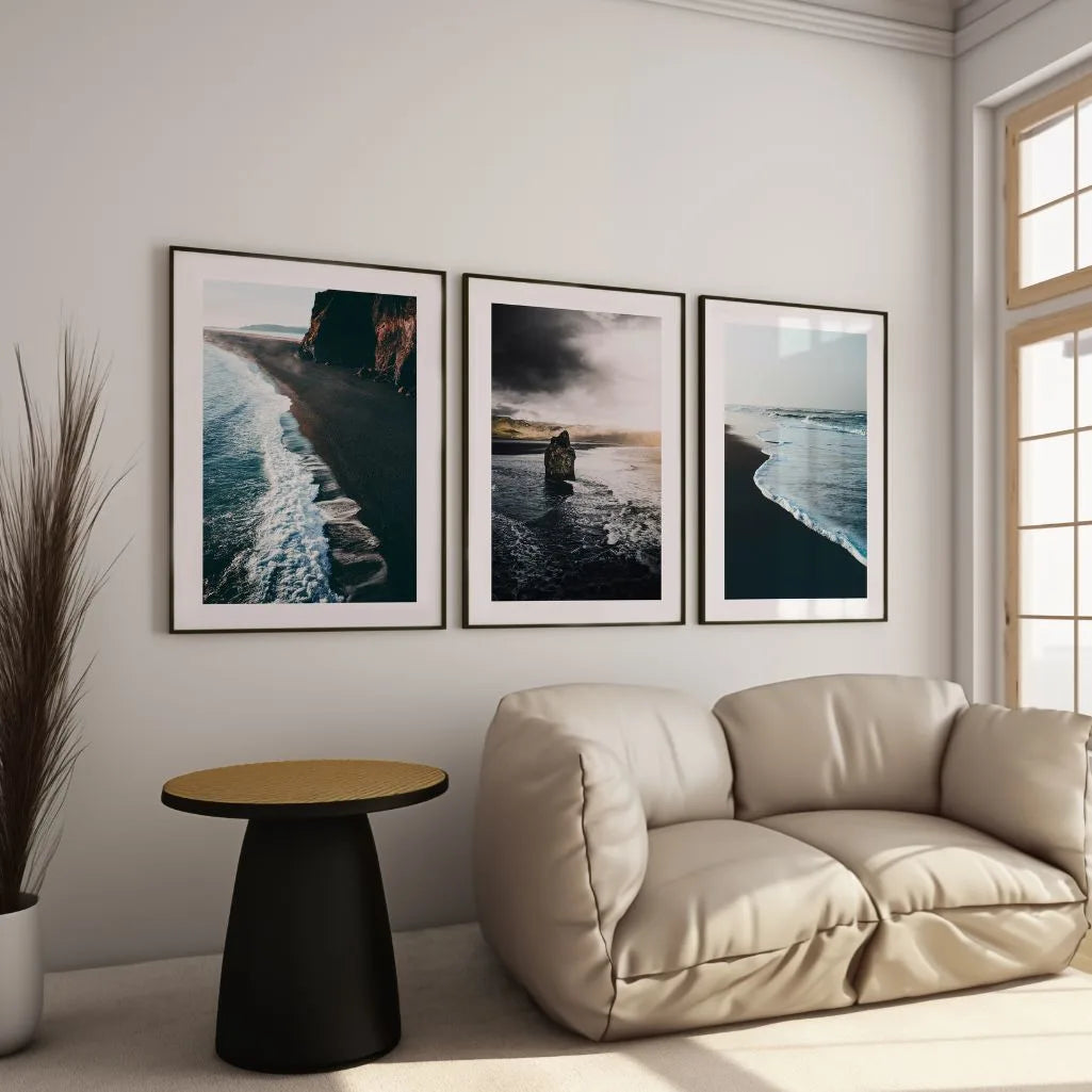 Dramatic ocean coast poster set in modern living room sea wall decor