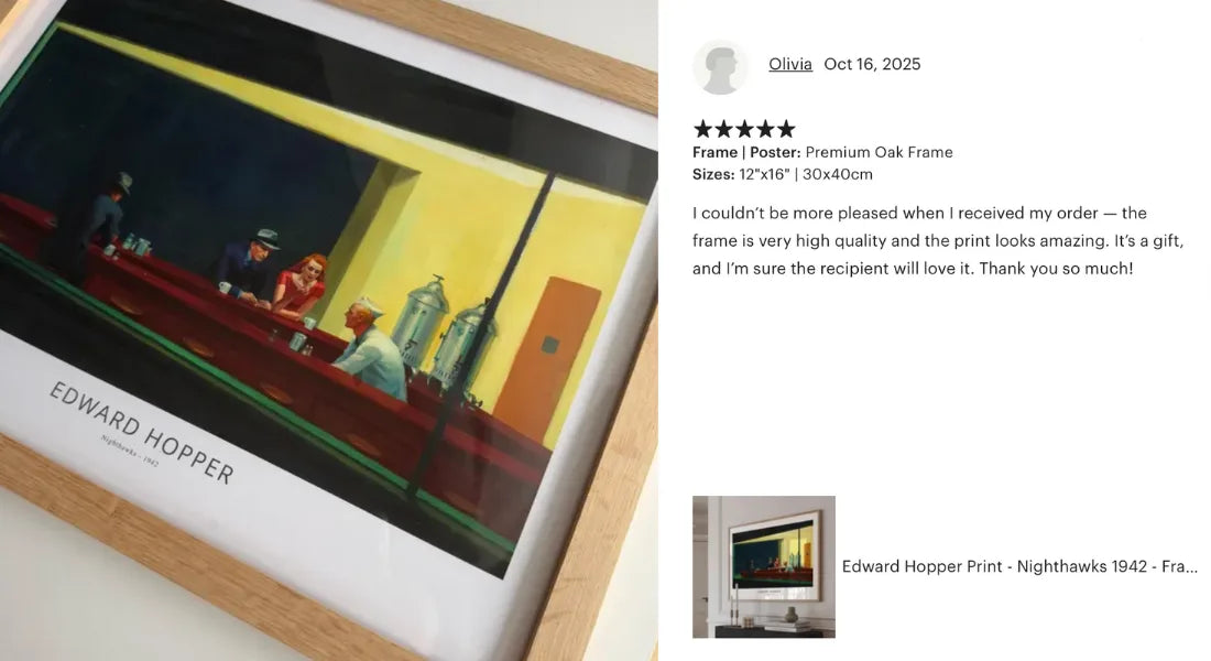 framed Edward Hopper Nighthawks poster in oak frame displayed in real home interior