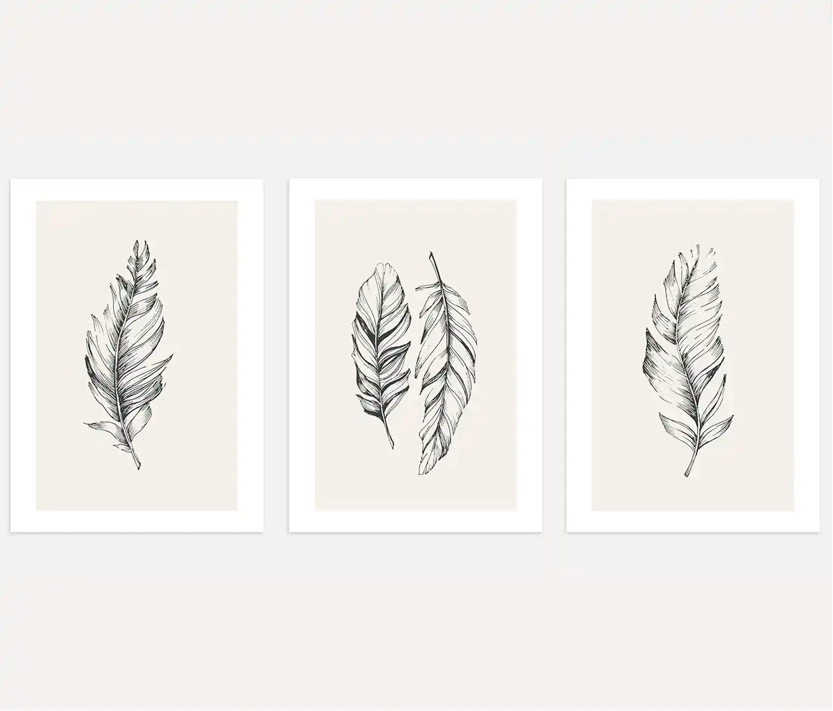 feather sketch poster set of 3 black beige minimalist wall art for bedroom decor