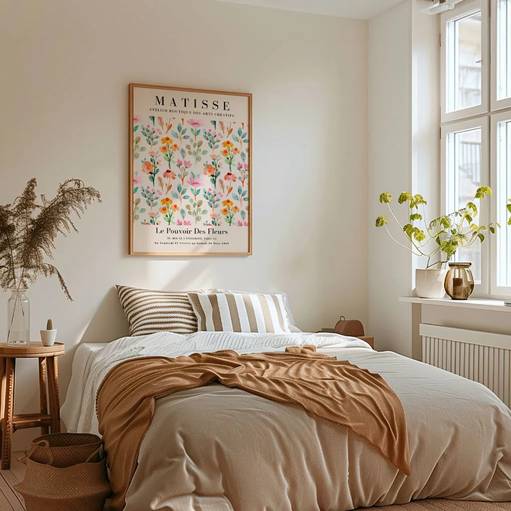Floral watercolor poster in pastel tones styled in modern bedroom interior