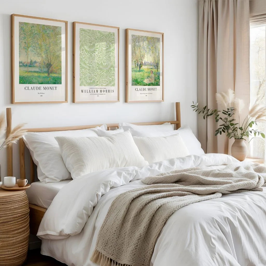 Monet landscape and Morris pattern poster set for natural green interior decor