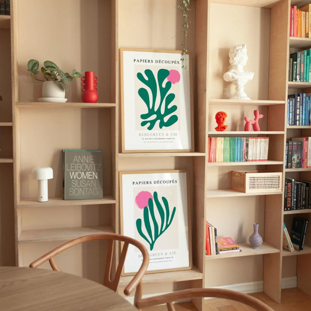 Close up of green cutouts poster set showing organic shapes and pink accent