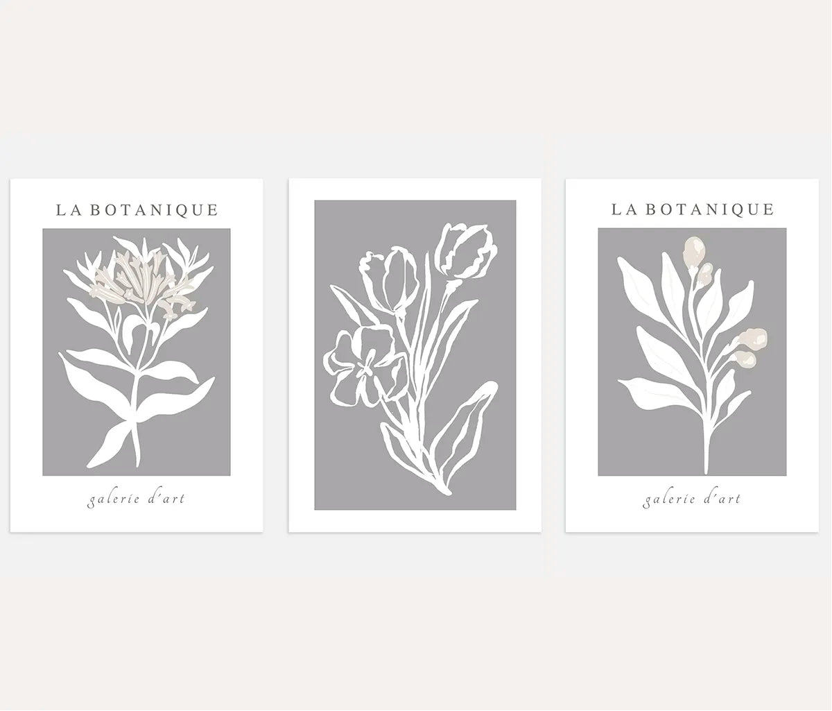 white botanical poster set on grey background wall art for living room decor