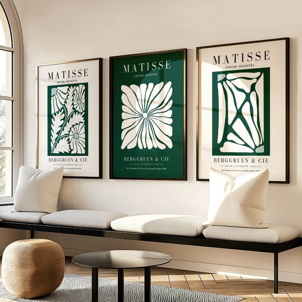 Henri Matisse flower cut-out style poster set in green and cream for minimalist wall art decor