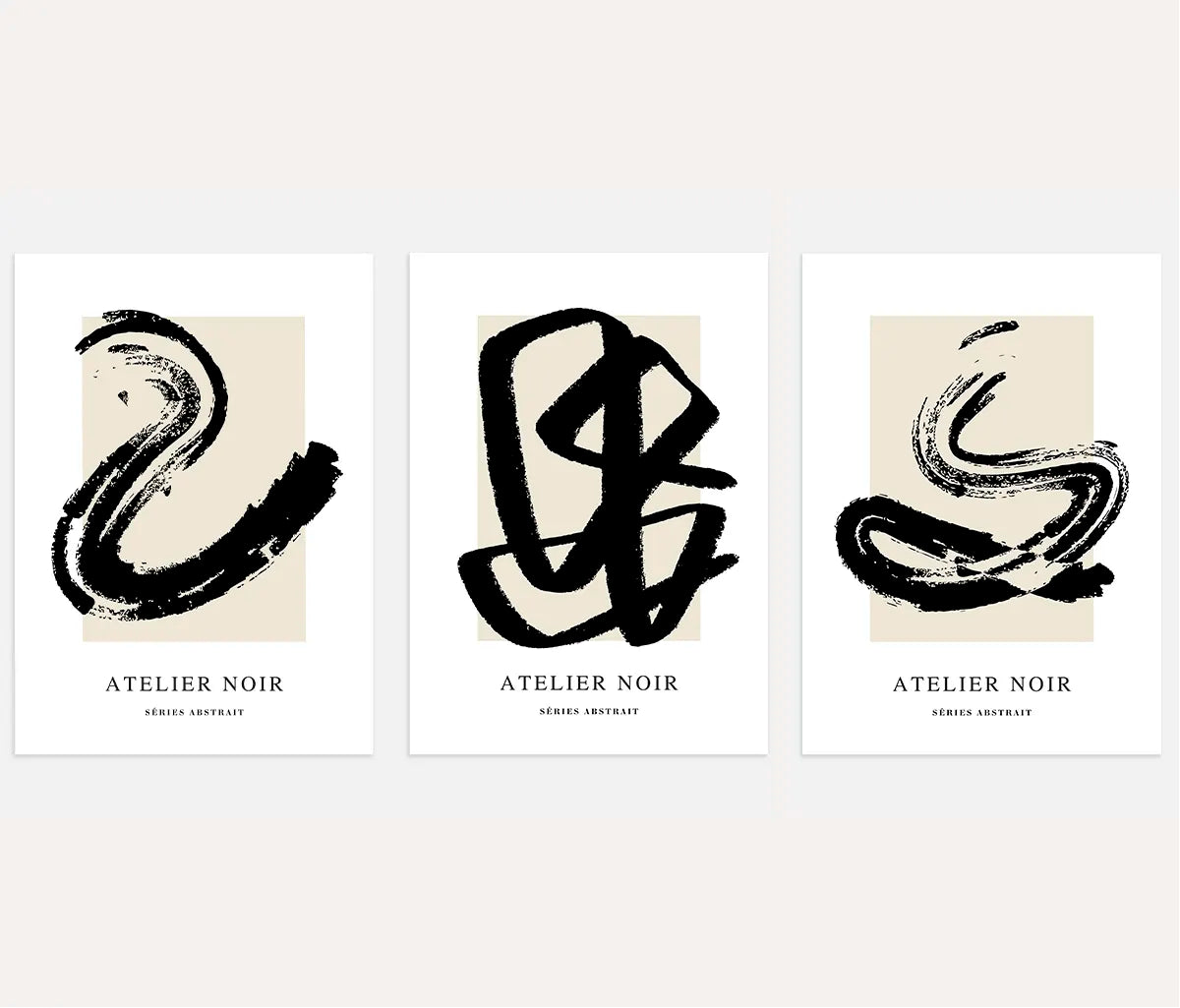 Japanese abstract poster set with black brush strokes on beige background