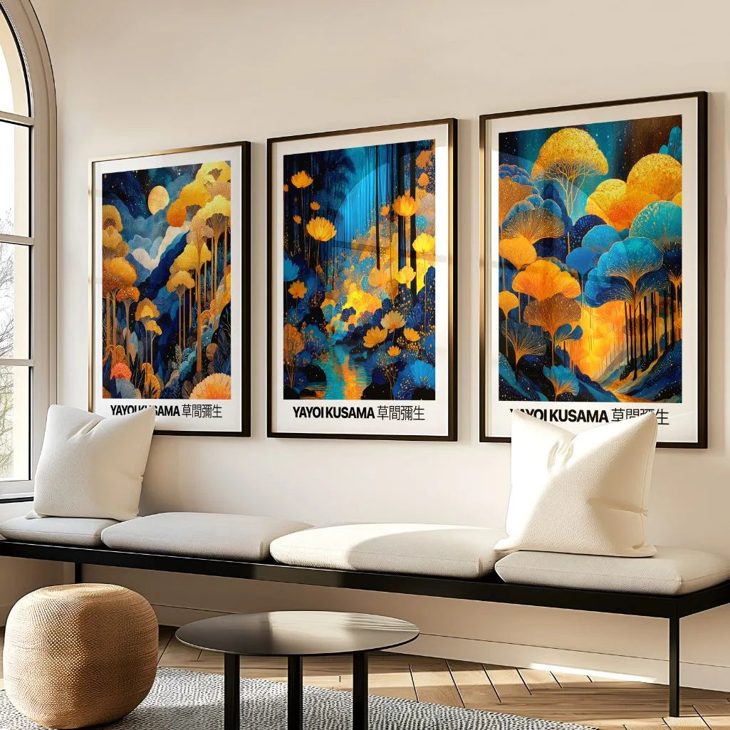Blue and orange Japanese night landscape poster set of 3 in living room, glowing forest wall art above sofa