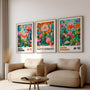 Soft colorful Kusama style floral poster set in bedroom, calming artistic flower wall decor