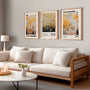 Soft gold botanical poster set in bedroom, calm beige black plant wall decor