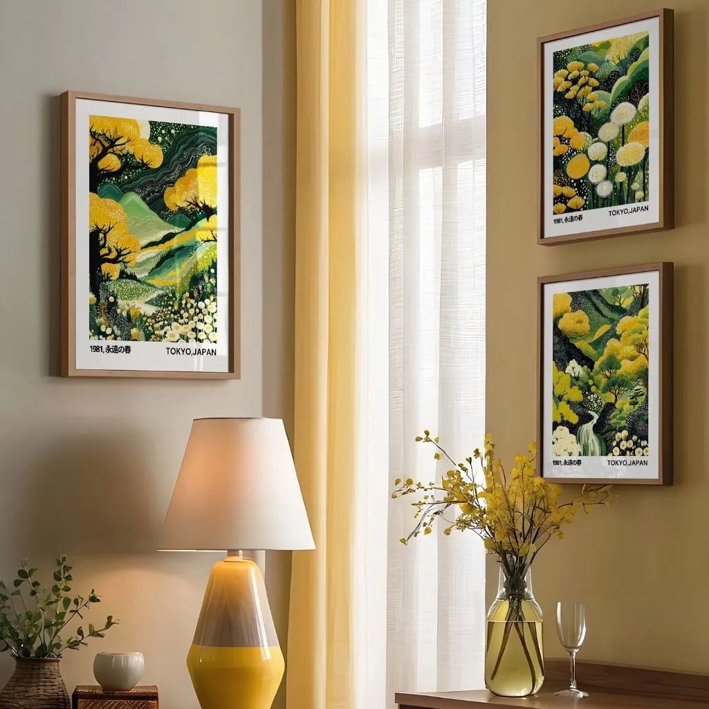 Soft yellow and green Kusama style poster set in bedroom, spring garden abstract nature wall art calming interior