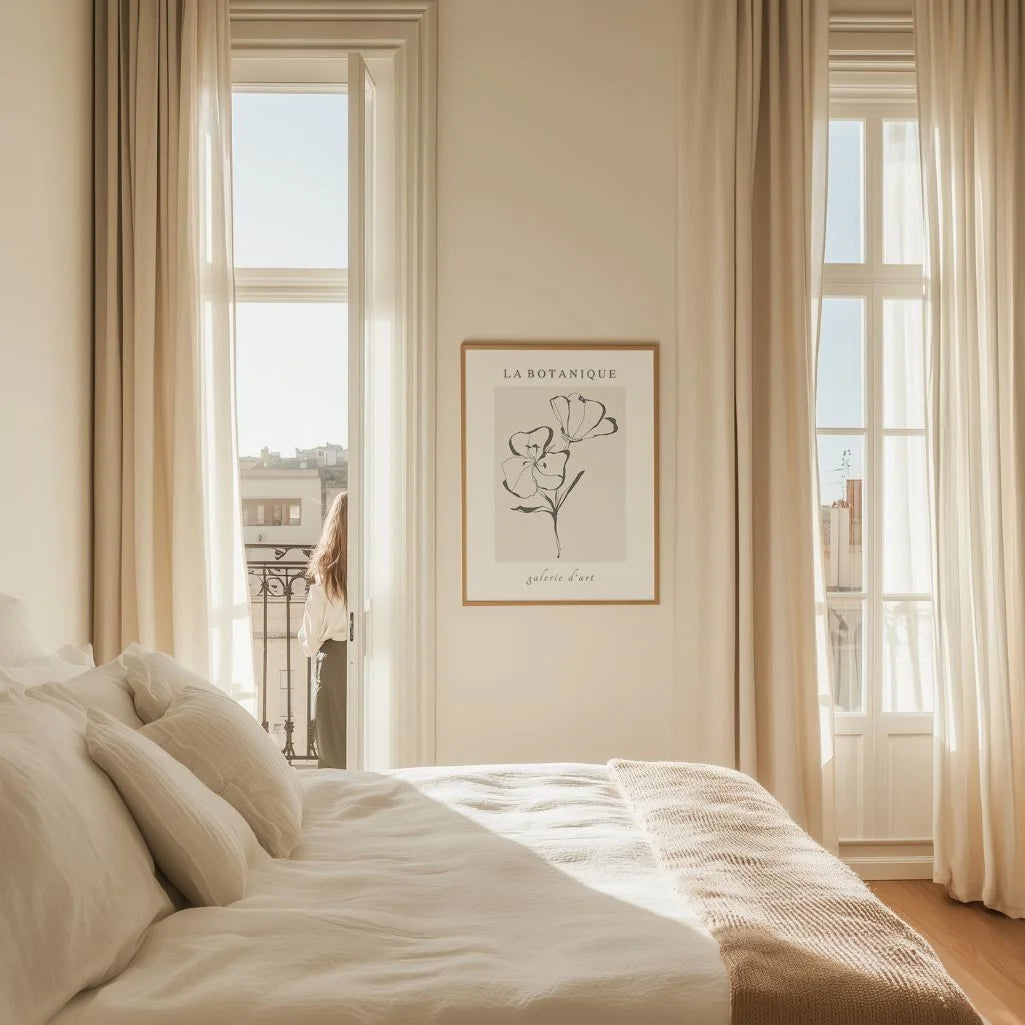 Floral line art poster styled in minimalist bedroom with neutral decor
