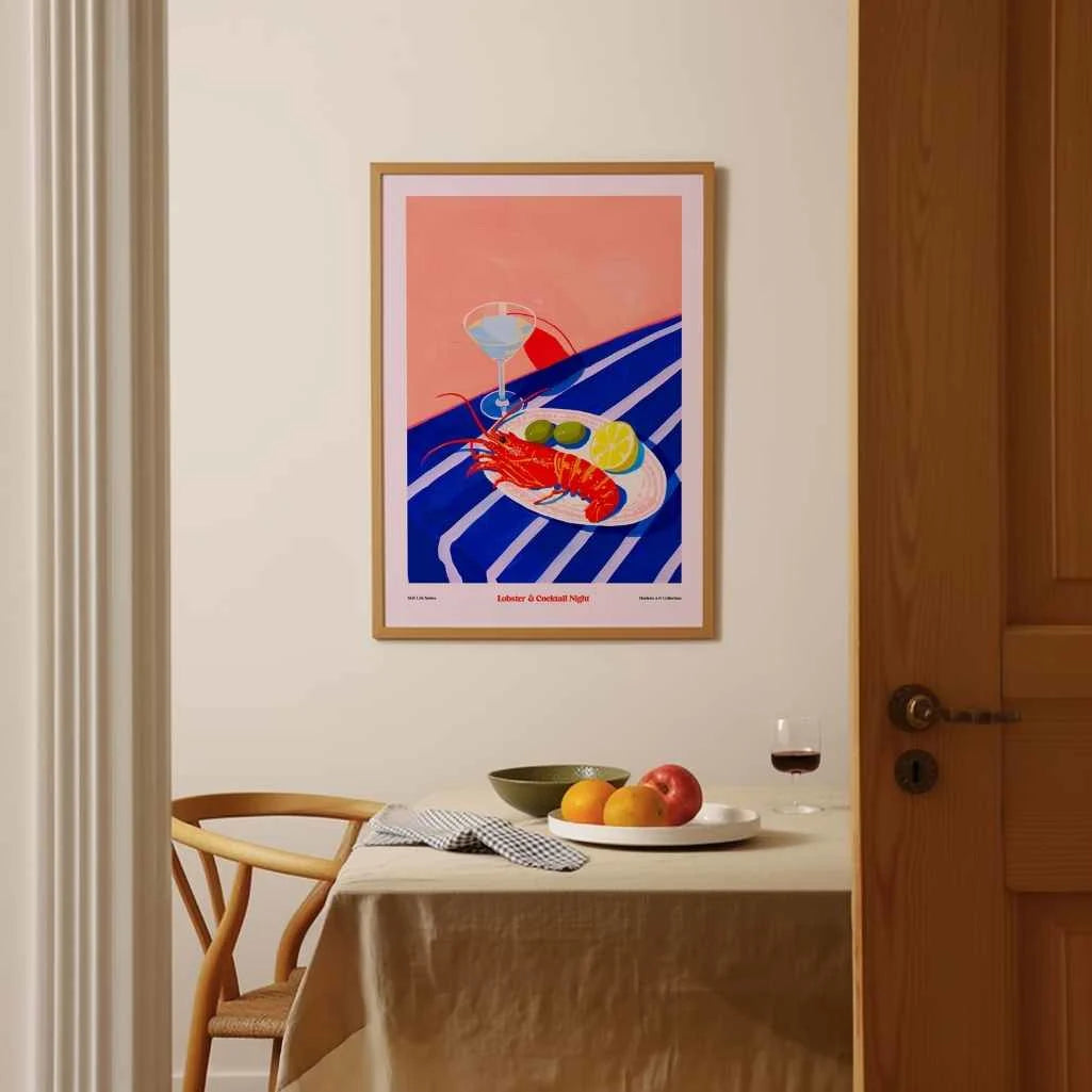 lobster and cocktail poster styled in modern kitchen interior