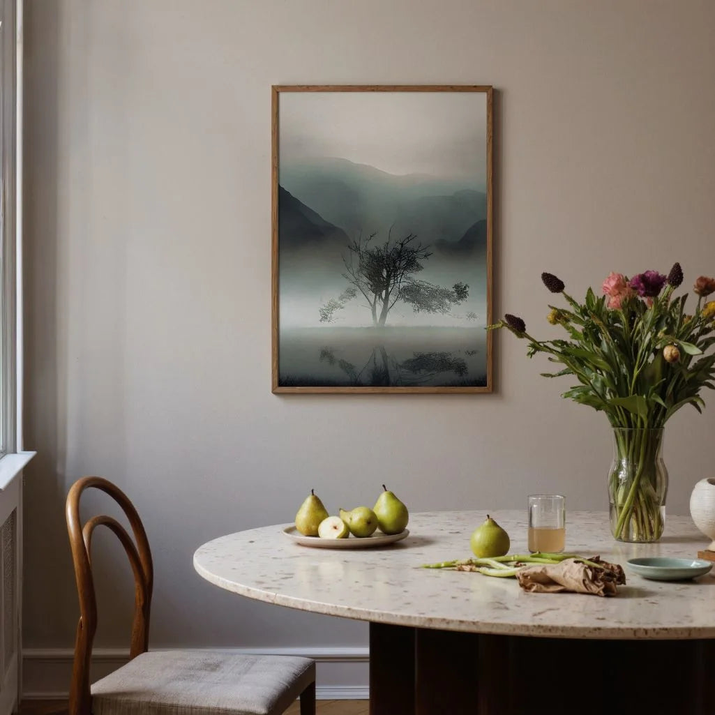 Close up of lone tree poster showing soft watercolor tones and minimal composition