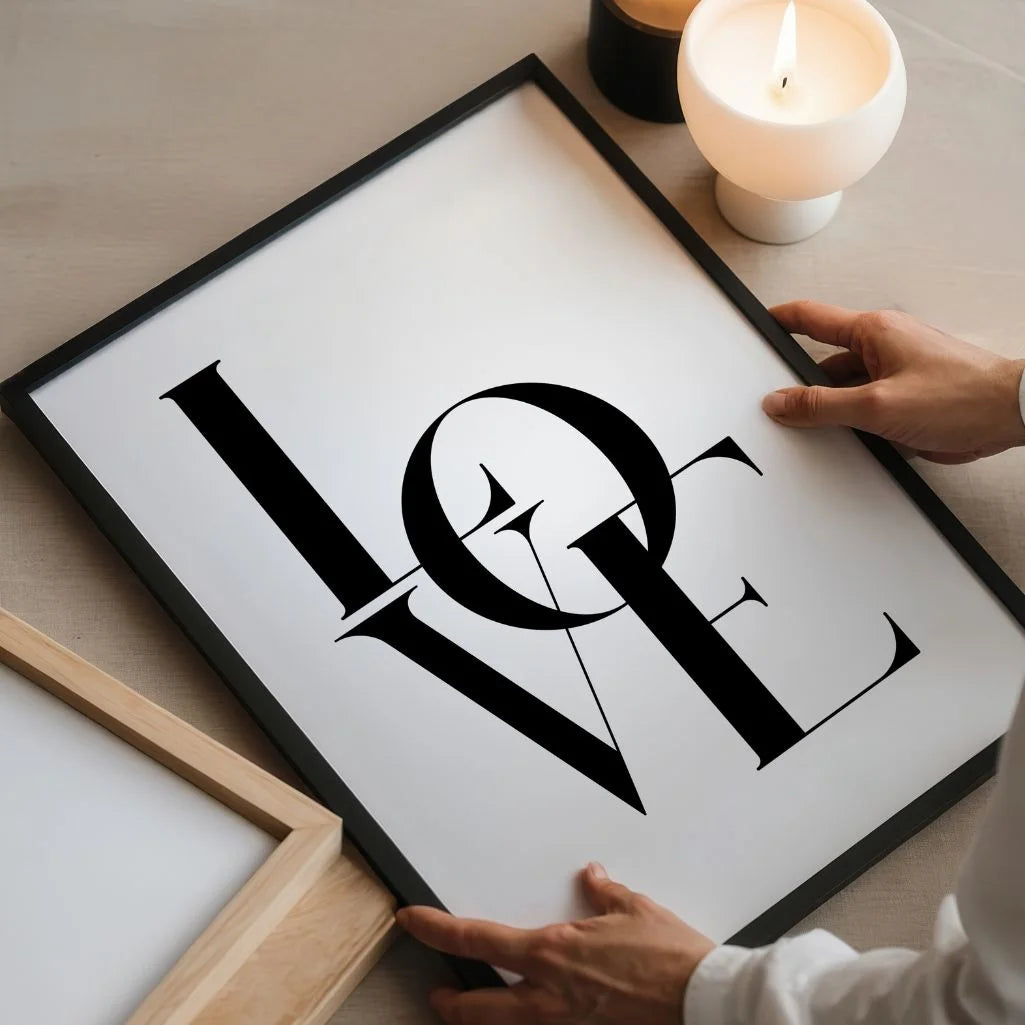 minimalist romantic typography poster in living room setting