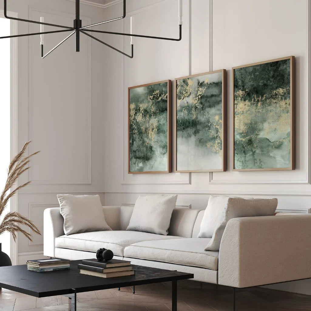 Gallery wall poster set with emerald tones and gold highlights