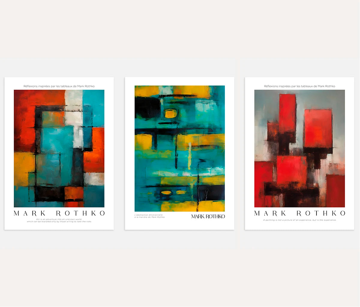 abstract color fields poster set of 3 in red turquoise yellow modern wall art for living room